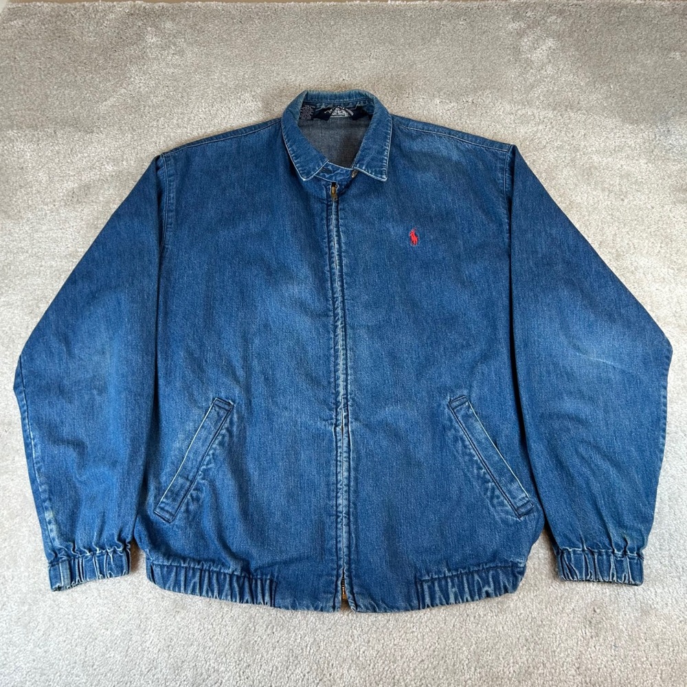 VTG Polo Ralph Lauren Denim Harrington Jacket Mens M Blue Zip Bomber Pony Logo